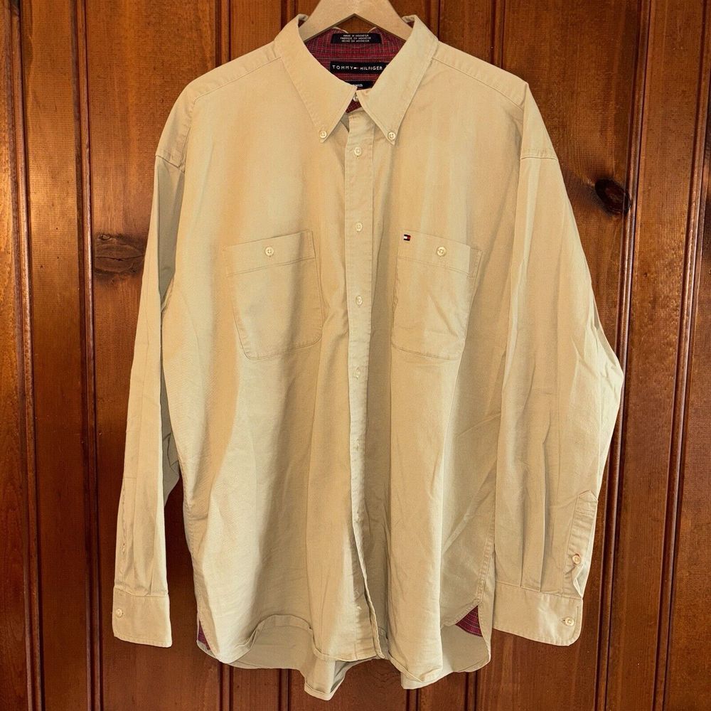 Y2K Tommy Hilfiger Khaki Tartan Button Down Long Sleeve Mens XXL Preppy Stretch